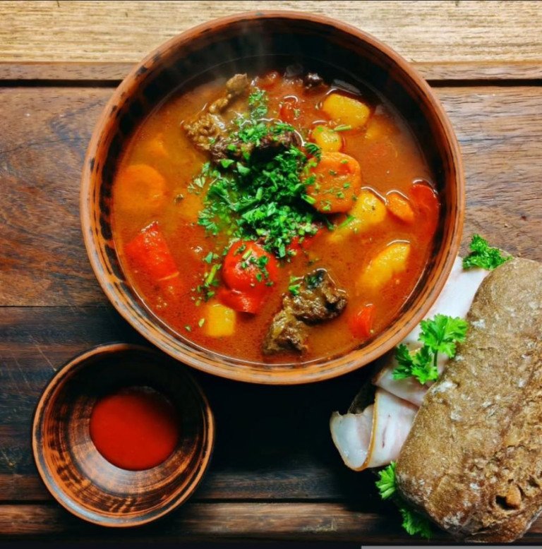 Traditional Ukrainian soup at Restaurant Dubrava in Zagreb