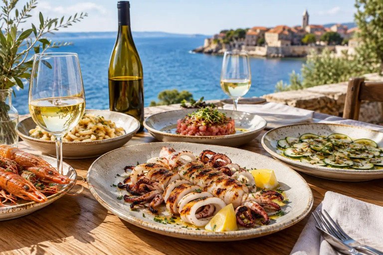 Grilled squid, Adriatic scampi, and traditional šurlice pasta served on a sea-view outdoor terrace table at Trattoria Gatto Nero in Malinska